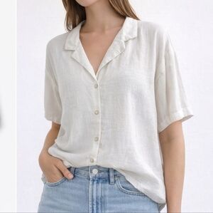 Vero Linen Blend White Button-Up Short Sleeve Shirt